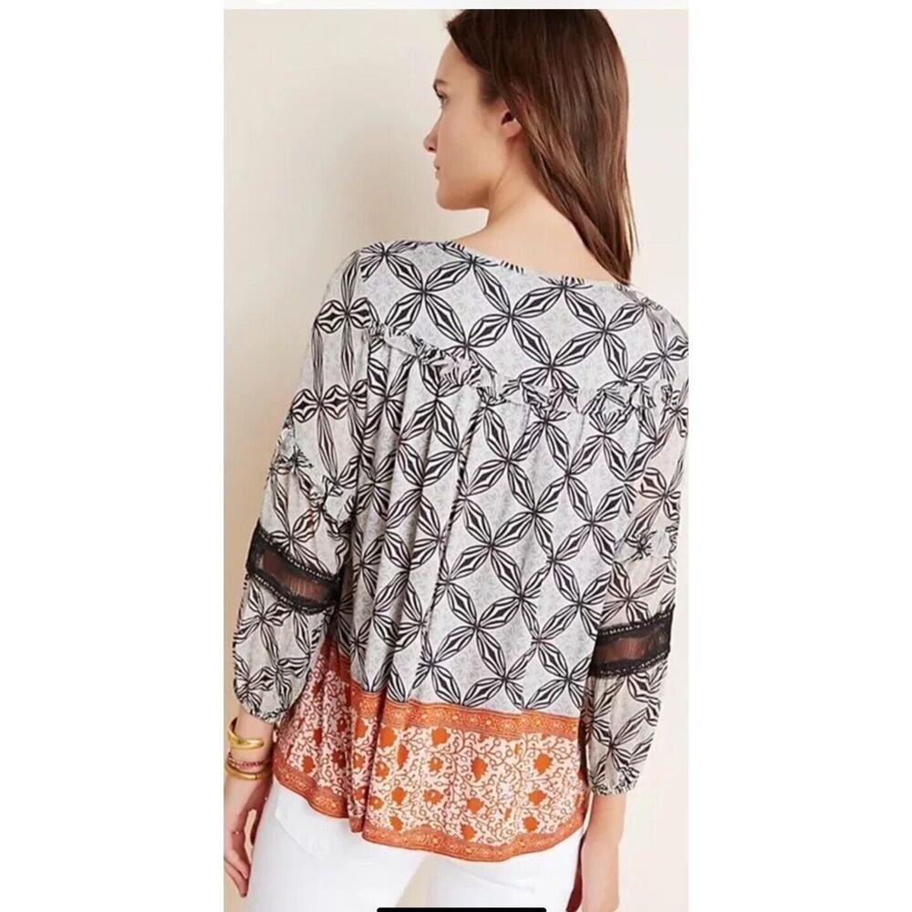 Anthropologie Terri Embroidered Peasant Boho Top Mixed Print S Rust Black Cream - Picture 2 of 13